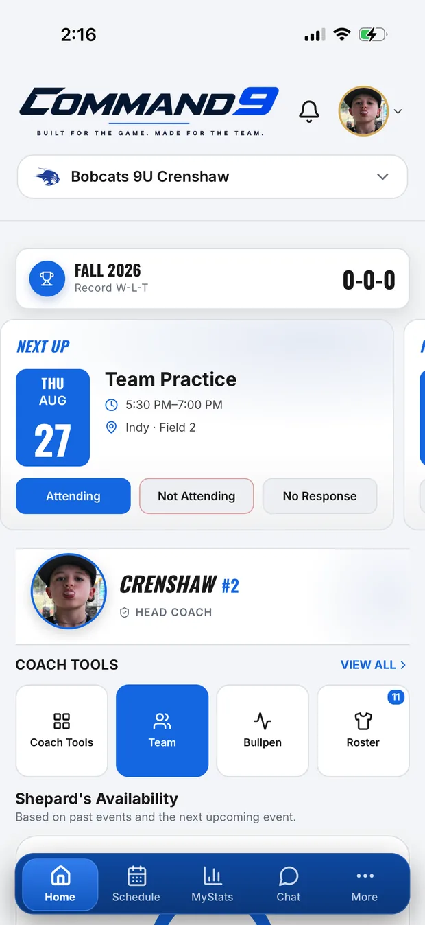 The Command9 team home screen showing the next event, RSVP buttons, coach tools, and player availability.