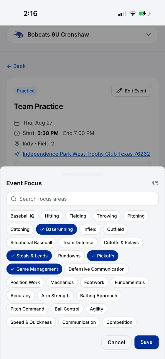 Command9 event focus picker with baseball skill tags including baserunning, pickoffs, and game management.