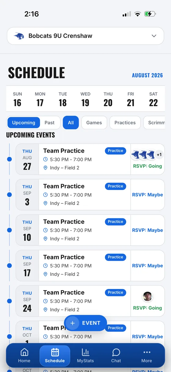 Command9 monthly schedule with upcoming practices and per-event RSVP status.